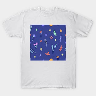 Florals and Leaves on a Blue Background T-Shirt